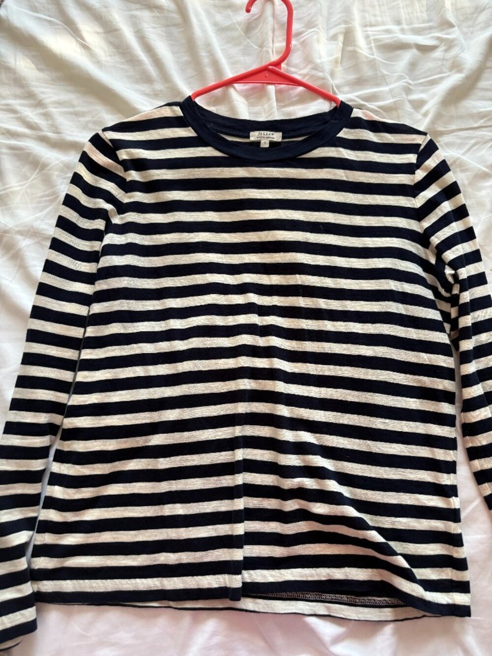 Long sleeved, crew neck, navy/cream striped top